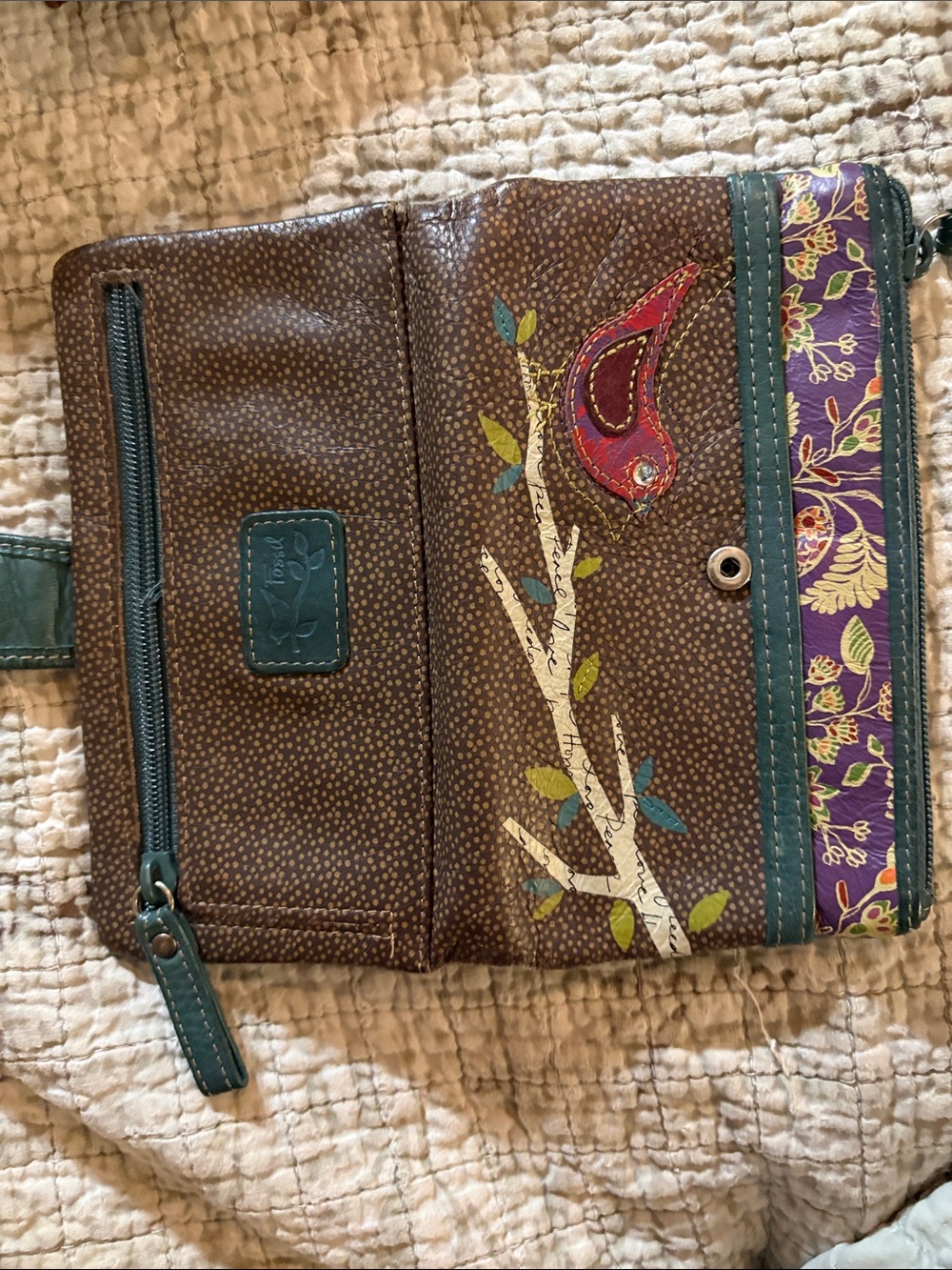 Fossil Teal, Brown and Purple Bird-Print Peace and Love Wallet - Picture 5 of 6